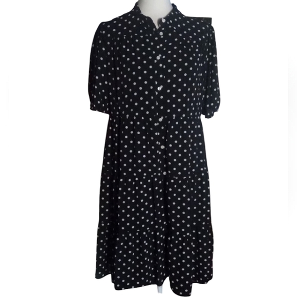 Eliza J Polka Dot Tiered Midi Dress Button Front Flowy Pocket Black White Size 8 - Picture 1 of 9